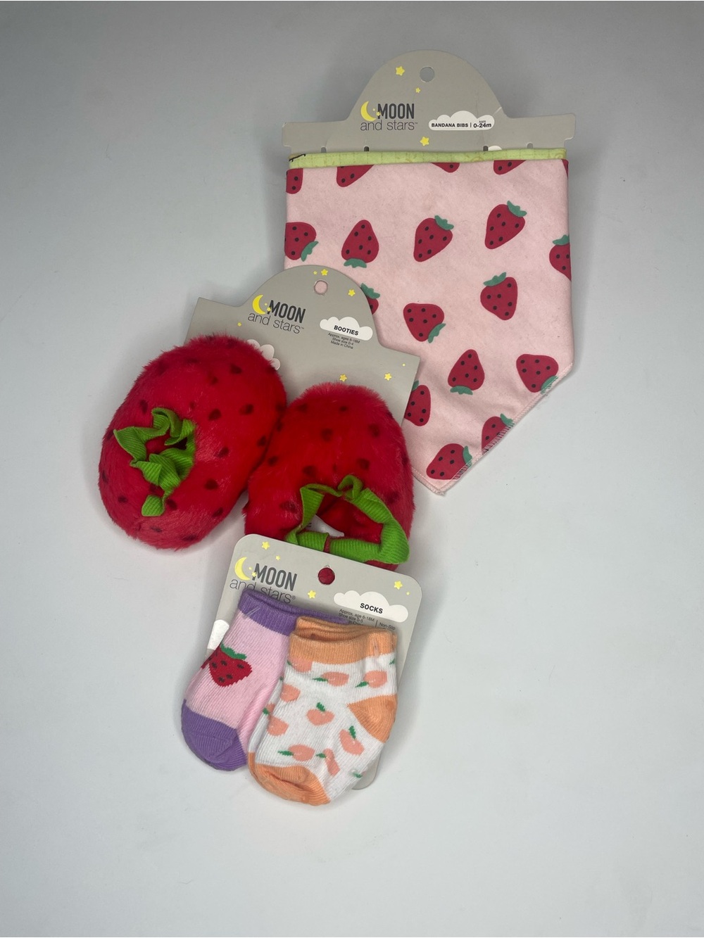Moon and Stars Pink Strawberry Baby Socks, Booties & Bib Set